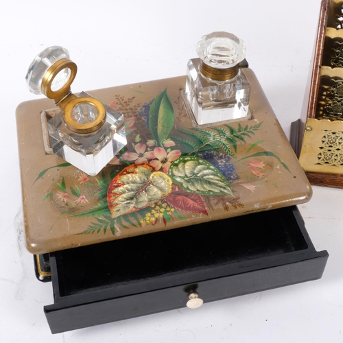 708 - Antique painted desk stand with 2 cut-glass inkwells, and a brass and oak letter rack, 13.5cm across