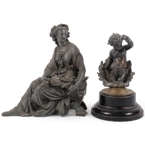 710 - A spelter figure of a seated Classical lady, H22cm, and a spelter cherub figure on plinth