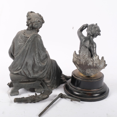 710 - A spelter figure of a seated Classical lady, H22cm, and a spelter cherub figure on plinth