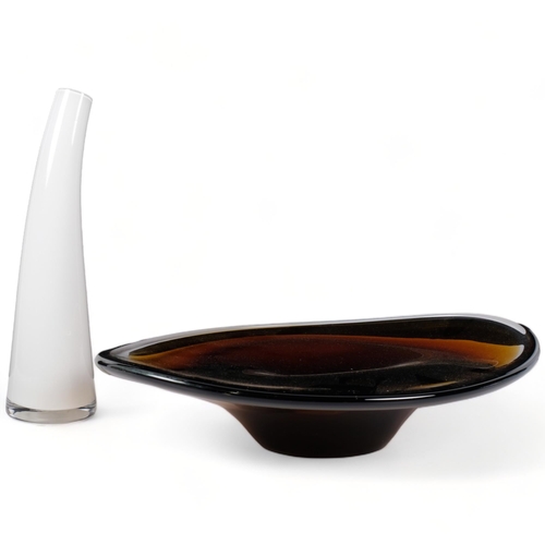 716 - A mid-century amber glass eliptical dish, in the manner of Vicke Lindstrand and another white art gl... 