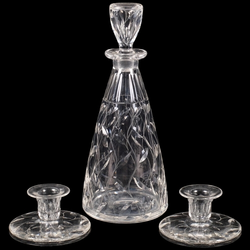 717 - CLYNE FARQAURSON(1906-78), two cut glass candlesticks and a similar leaf pattern decanter, candlesti... 