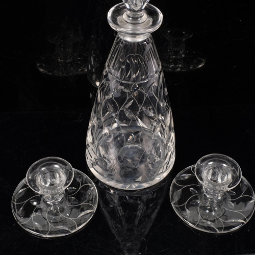 717 - CLYNE FARQAURSON(1906-78), two cut glass candlesticks and a similar leaf pattern decanter, candlesti... 