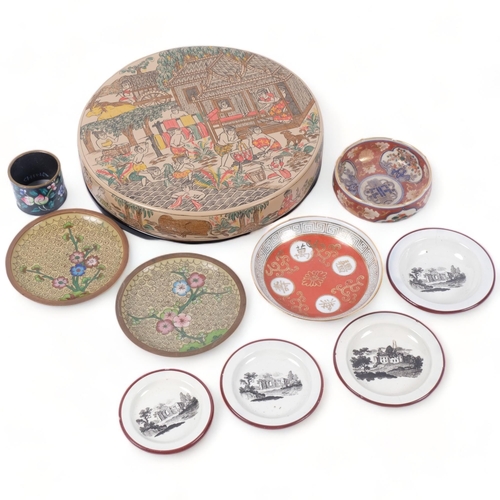 720 - Cloisonne dishes, Oriental lacquer work box, 20cm, and 4 early 19th century printed plates from a ch... 