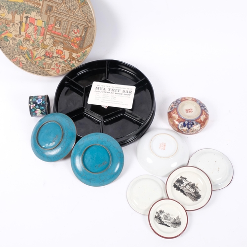 720 - Cloisonne dishes, Oriental lacquer work box, 20cm, and 4 early 19th century printed plates from a ch... 