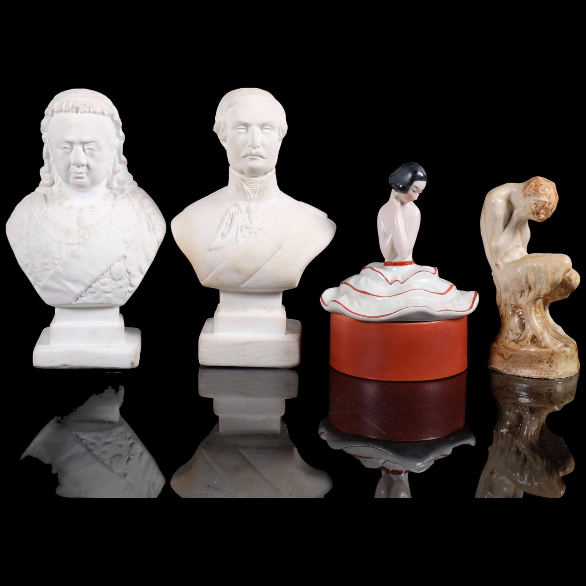 A Pan sculpture, 14cm, bust of Queen Victoria, and another, and an Art ...