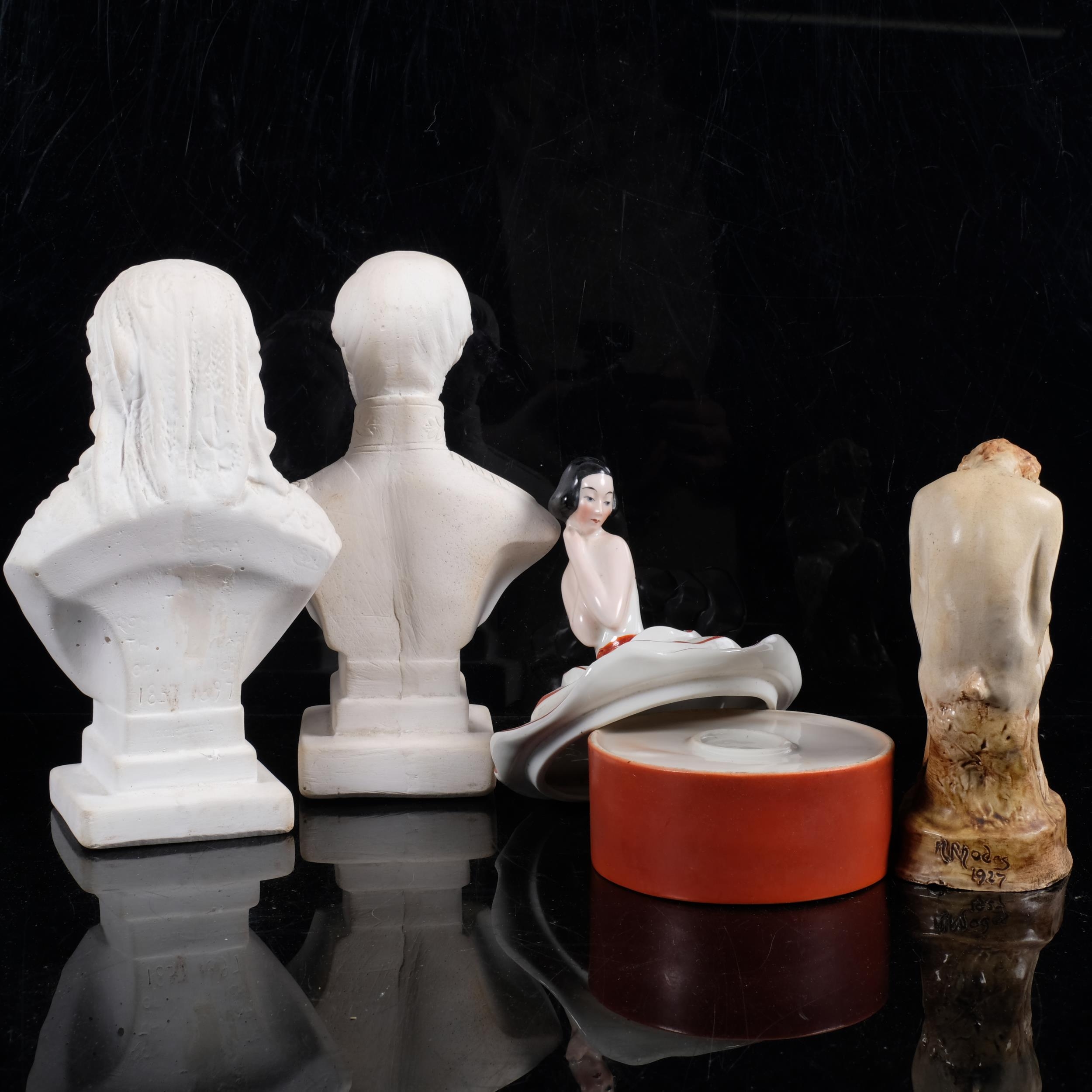 A Pan sculpture, 14cm, bust of Queen Victoria, and another, and an Art ...