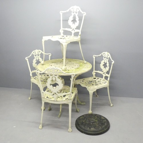 2714 - A painted and weathered cast metal Coalbrookdale style garden table, 80x69cm, with four matching cha... 