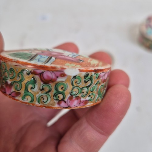 173 - A group of early 20th century hand painted famille rose enamelled Canton pots with associated lids, ... 