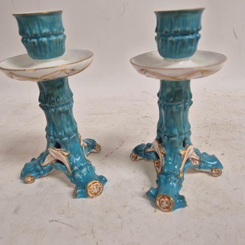 178 - E J D Bodley, a pair of Victorian Aesthetic porcelain candlesticks, H18cm, and a set of 6 Bodley Aes... 