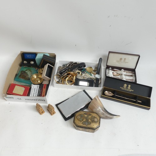 691 - A box of items, including cutlery, costume jewellery, bell, horn, cigarette case, etc