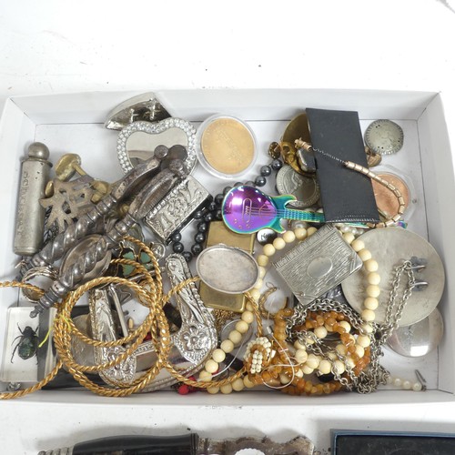 691 - A box of items, including cutlery, costume jewellery, bell, horn, cigarette case, etc