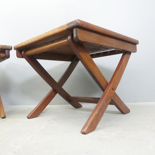 22 - ALEXANDER ROSE - A pair of stained teak folding garden tables, with makers plaques. 49x41cm.... 