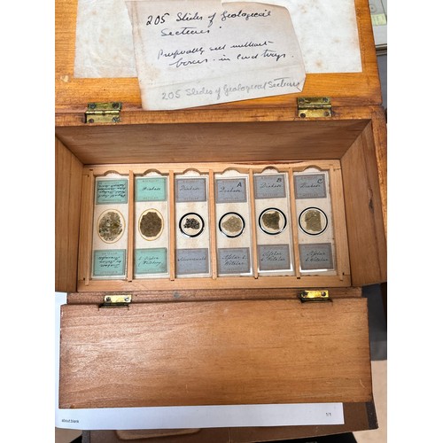 26 - A collection of eight antique softwood microscope slide collectors boxes containing an extensive col... 