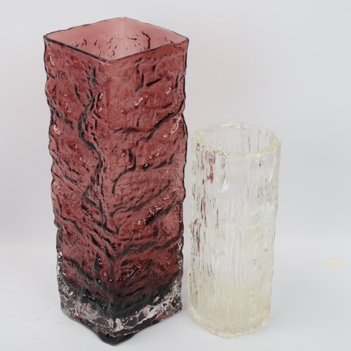 101 - A Whitefriars style tall square section bark vase, in aubergine glass with polished pontil to base, ... 