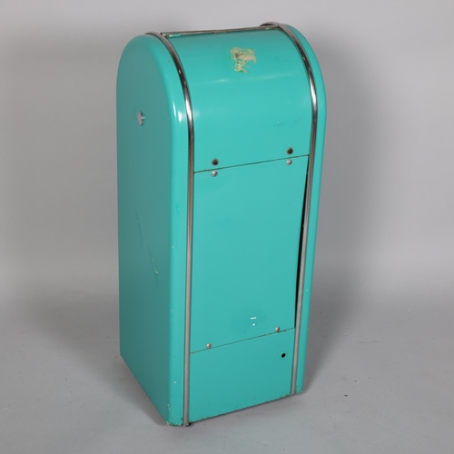 110 - A mid 20th century American style roll top bin,  aqua colour coated steel construction on coasters, ... 