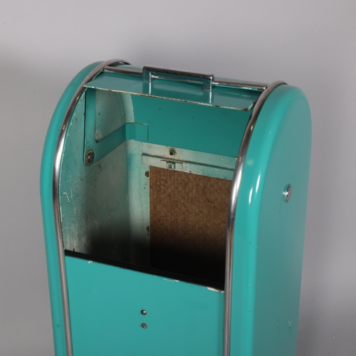 110 - A mid 20th century American style roll top bin,  aqua colour coated steel construction on coasters, ... 