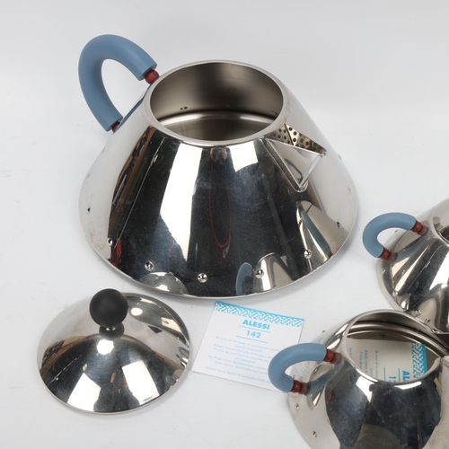 119 - MICHAEL GRAVES for Alessi, Italy, a 1980s' designed stainless steel tea-set, comprising kettle, suga... 