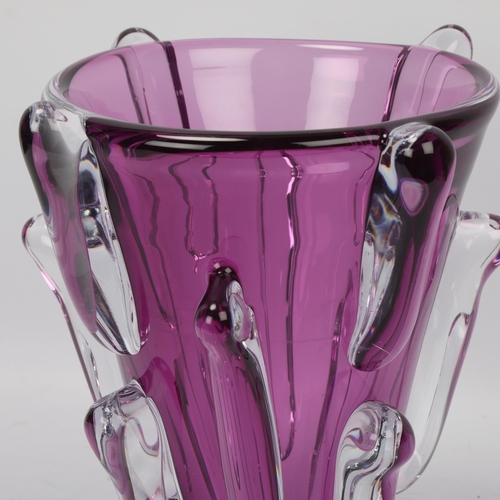 122 - A large mid-century Murano amethyst glass vase, with clear glass sprigs to exterior, signed to base ... 