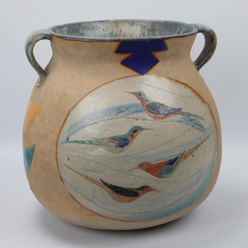 123 - JILL FANSHAWE KATO (b.1943), a large two handled stoneware 'bird' jar 33cm high, 35cm wide