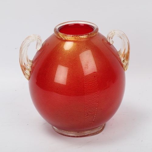 178 - ARCHIMEDE SEGUSO for Seguso Vetri d’Arte, glass vase Murano 1940’s globe shape in red glass with Gol... 