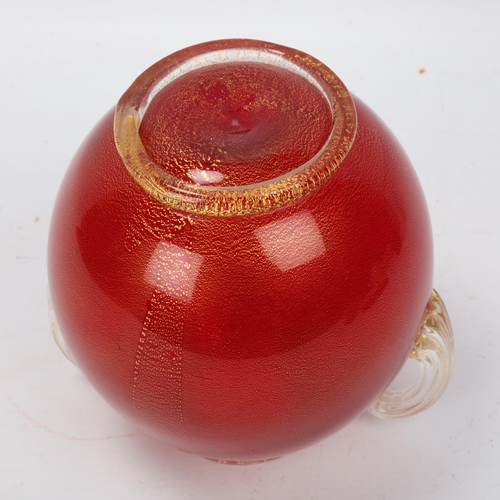 178 - ARCHIMEDE SEGUSO for Seguso Vetri d’Arte, glass vase Murano 1940’s globe shape in red glass with Gol... 