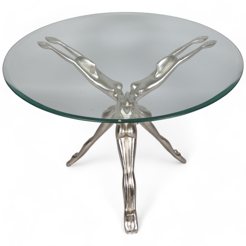 185 - A cast aluminium and glass coffee table, the base with conjoined outstretched nudes, height 54cm, di... 