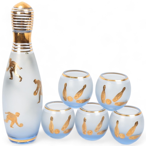 196 - A mid 20th century frosted glass bowling pin decanter and 5 tumblers, with gilded bowling theme deco... 