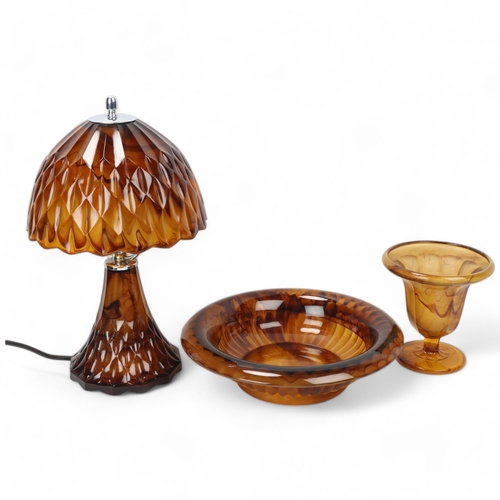 197 - A GEORGE DAVIDSON cloud glass Good Companion lamp together with cloud glass bowl and vase, lamp heig... 