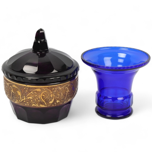 202 - JOHANN OERTEL, a dark purple glass Bird of Paradise bowl and cover, with oroplastic frieze depicting... 