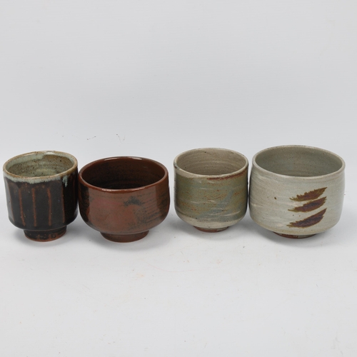 212 - 4 St Ives/Leach Pottery tea-bowls,  all with makers marks, 2 chawan, 2 yunomi, tallest 9cm