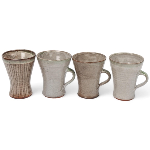 223 - DAVID LEACH (1911-2005), 3 green/grey glazed mugs and a sgraffito decorated beaker, all with makers ... 