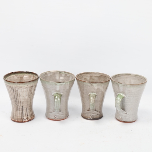 223 - DAVID LEACH (1911-2005), 3 green/grey glazed mugs and a sgraffito decorated beaker, all with makers ... 