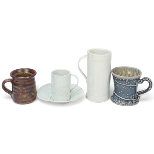 225 - Four pieces of British studio pottery, a WALTER KEELER mug and two porcelain pieces by HILARY ROBERT... 