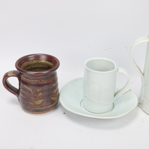 225 - Four pieces of British studio pottery, a WALTER KEELER mug and two porcelain pieces by HILARY ROBERT... 