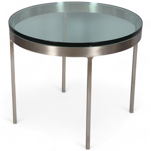 230 - A Nicos Zographos T35 series coffee table, the thick glass top on brushed steel base ca 1980’s, heig... 