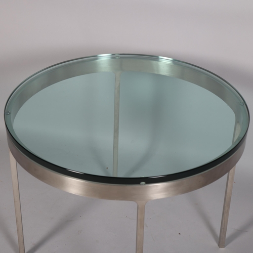 230 - A Nicos Zographos T35 series coffee table, the thick glass top on brushed steel base ca 1980’s, heig... 