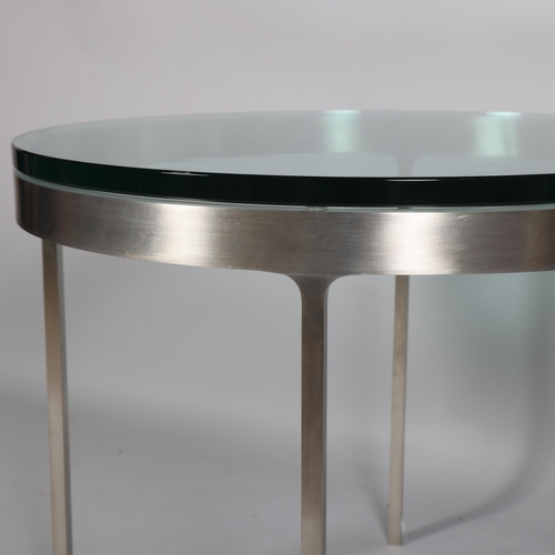 230 - A Nicos Zographos T35 series coffee table, the thick glass top on brushed steel base ca 1980’s, heig... 