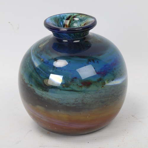 251 - A small blue/green Isle of Wight glass vase, with flame pontil and lable to base, height 10cm