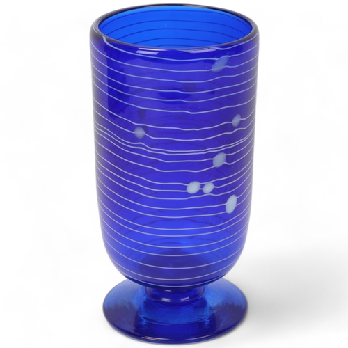 263 - DAVID WALLACE & ANDREW SANDERS, a blue studio glass vase with white inlay, signed David Wallace to b... 