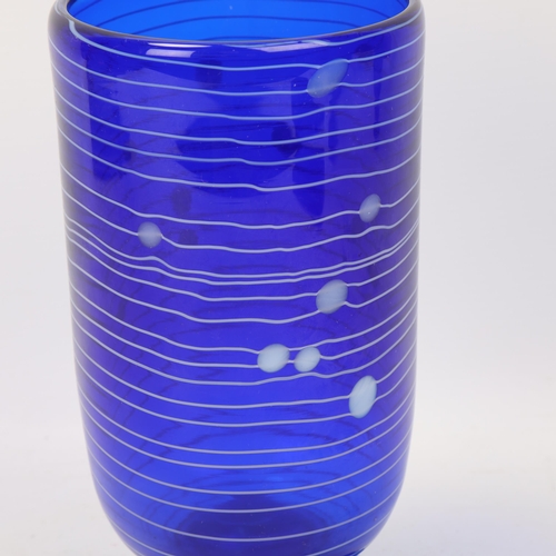 263 - DAVID WALLACE & ANDREW SANDERS, a blue studio glass vase with white inlay, signed David Wallace to b... 