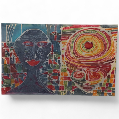 286 - CHARLOTTE KEENE, batik on stretcher, abstract faces, signed and dated 2004,