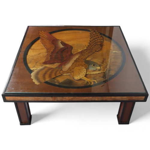 288 - CHARLES SMITH (1947-2017), a 1970s' hand made coffee table, with plywood eagle design under glass, s... 