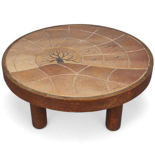 290 - BARROIS, Valllauris, France, a 1960s'/70s' round tile-top coffee table, with stained beech plywood f... 