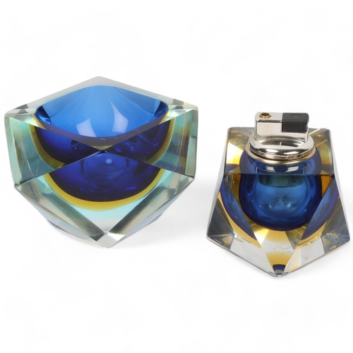 299 - Mandruzzato, Murano, a Deep Sea blue sommerso glass table lighter, with matching ashtray, both with ... 