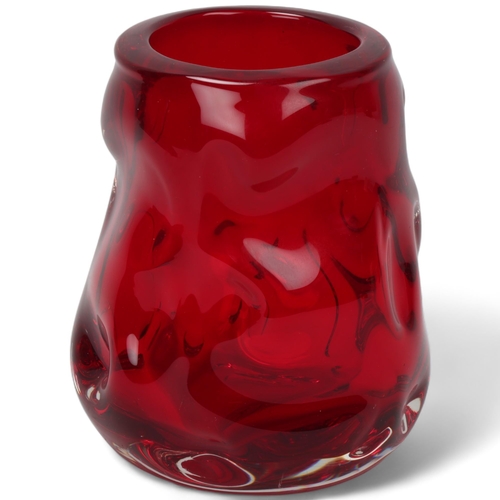 314 - A Whitefriars squat design ruby red glass knobbly vase, pattern # 9608, height 13cm