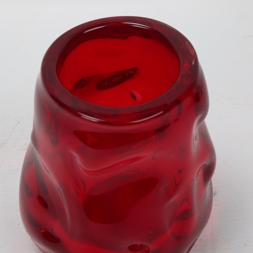 314 - A Whitefriars squat design ruby red glass knobbly vase, pattern # 9608, height 13cm