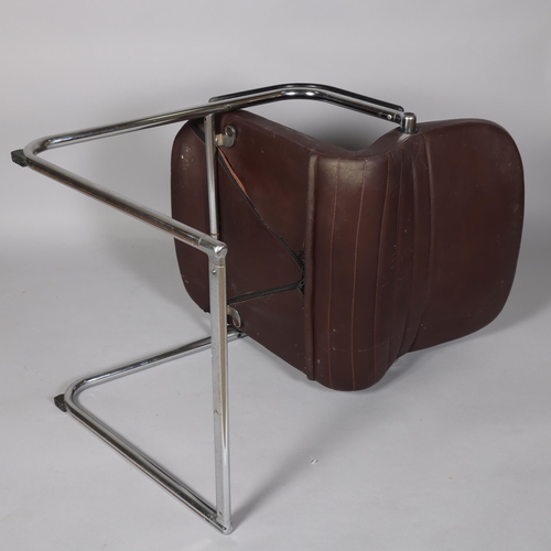 82 - An mid 20th century cantilever office chair, heavy tubular steel frame with padded leather upholster... 