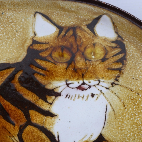 97 - JOYCE MORGAN for Chelsea Pottery, a large footed dish with cat, can be wall hung, signed and makers ... 