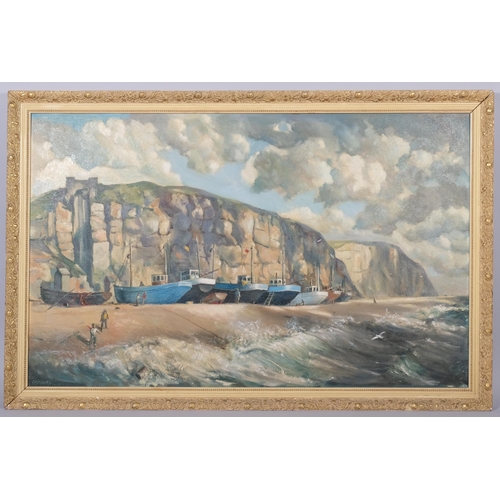 675 - Jean Moore, fishing boats at the Stade, Hastings, oil on board, signed, 75cm x 120cm, framed