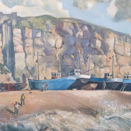 675 - Jean Moore, fishing boats at the Stade, Hastings, oil on board, signed, 75cm x 120cm, framed